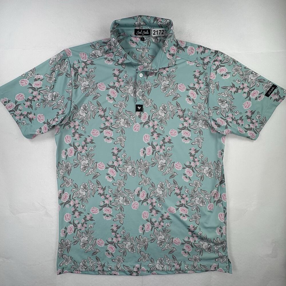 Bad Birdie Polo Shirt Mens Large Green Floral Short Sleeve Golf Performance
